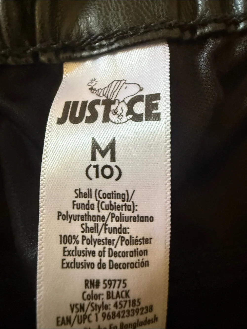 Snoopy & Woodstock Girls Justice Black Pleather Cargo Pants Size M (10)